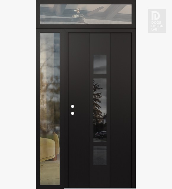 Modern Steel Front Door DIAMOND A9 50" X 96" BLACK/BLACK MIRRORED GLASS PANEL BLACK RHI WITH SIDELITE AND TRANSOM CLEAR GLASS