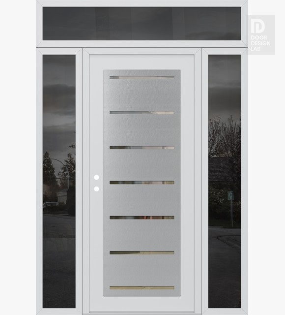 Modern Steel Front Door Diamond C11 64" x 96" white/white clear Glass Panel stainless steel RHI with 2 Sidelites and Transom mirrored Glass