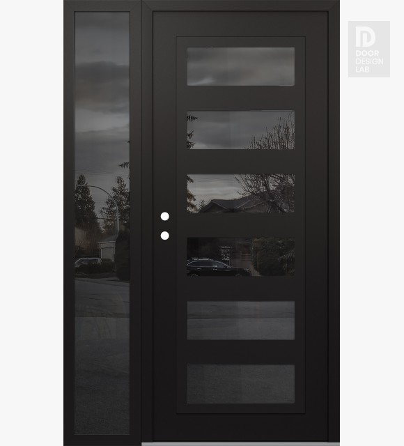 Modern Steel Front Door Diamond C9 50" x 80" black/black mirrored Glass Panel black RHI with Sidelite mirrored Glass