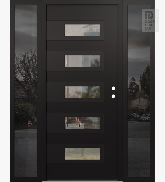 Modern Steel Front Door Diamond D3 60" x 80" black/black clear Glass Panel black LHI with 2 Sidelites mirrored Glass