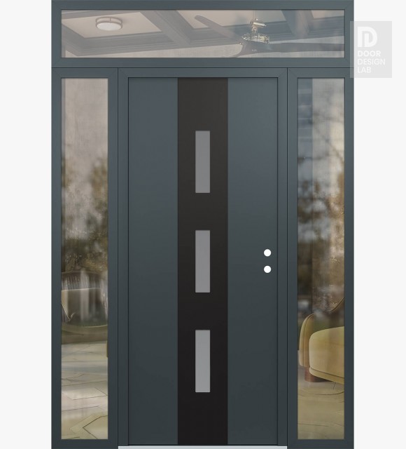 Modern Steel Front Door DIAMOND A7 60" X 96" ANTHRACITE/ANTHRACITE FROSTED GLASS PANEL BLACK LHI WITH 2 SIDELITES AND TRANSOM CLEAR GLASS