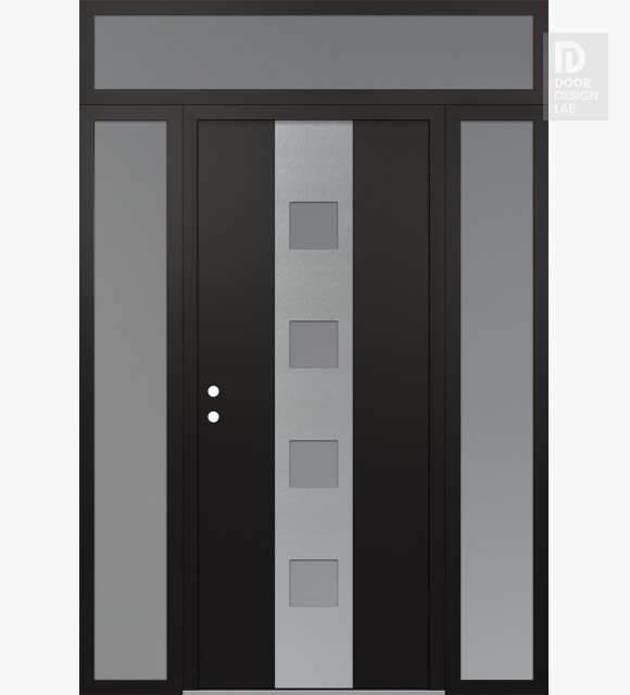 Modern Steel Front Door DIAMOND A12 64" X 96" BLACK/WHITE FROSTED GLASS PANEL STAINLESS STEEL RHI WITH 2 SIDELITES AND TRANSOM FROSTED GLASS