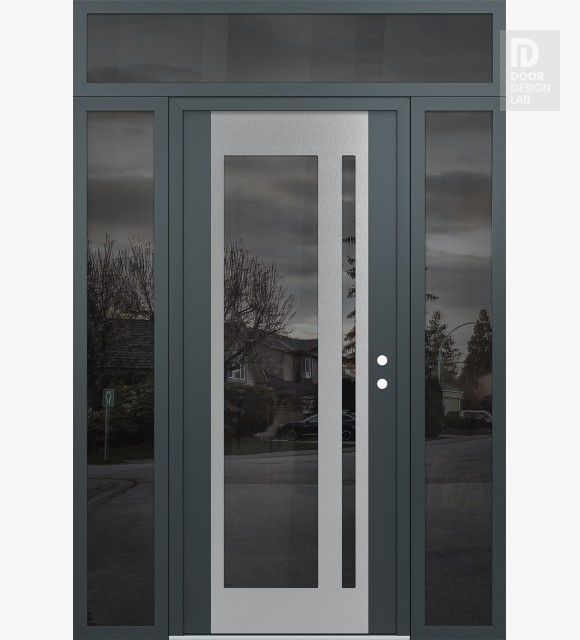 Modern Steel Front Door Diamond C15 68" x 96" anthracite/anthracite mirrored Glass Panel stainless steel LHI with 2 Sidelites and Transom mirrored Glass