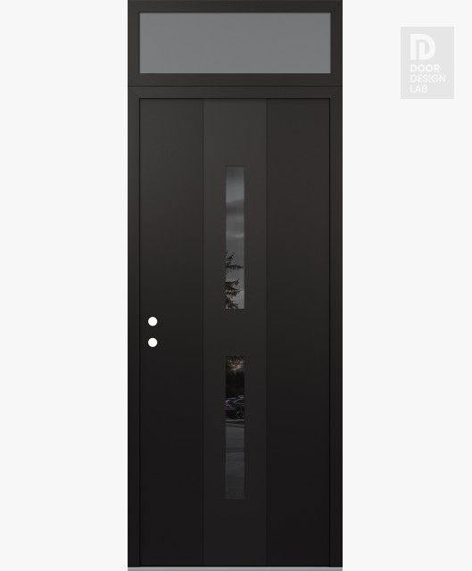 Modern Steel Front Door DIAMOND A6 36" X 96" BLACK/BLACK MIRRORED GLASS PANEL BLACK RHI WITH TRANSOM FROSTED GLASS