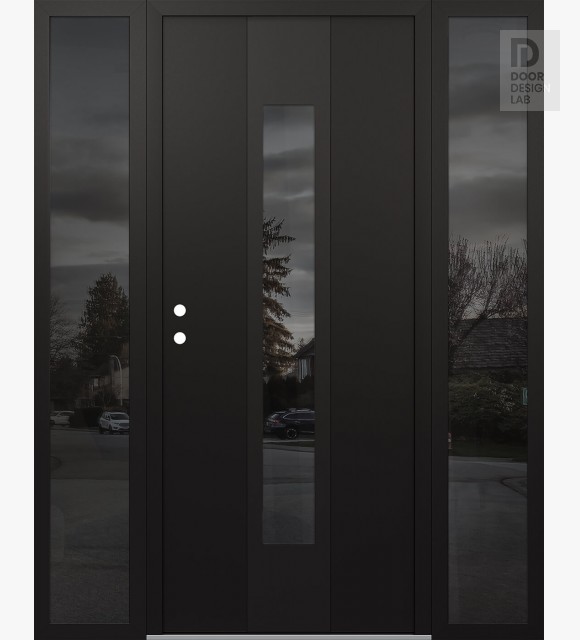 Modern Steel Front Door DIAMOND A1 60" X 80" BLACK/BLACK MIRRORED GLASS PANEL BLACK RHI WITH 2 SIDELITES MIRRORED GLASS
