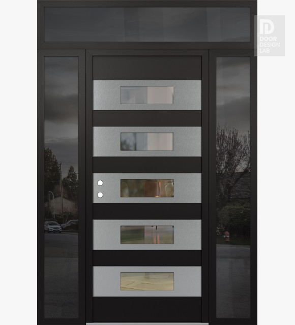 Modern Steel Front Door Diamond D5 60" x 96" black/black clear Glass Panel stainless steel RHI with 2 Sidelites and Transom mirrored Glass