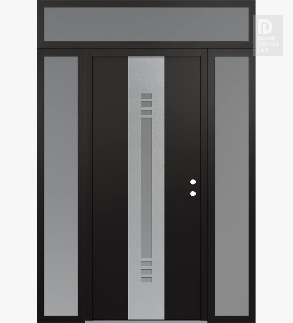 Modern Steel Front Door DIAMOND A5 60" X 96" BLACK/WHITE FROSTED GLASS PANEL STAINLESS STEEL LHI WITH 2 SIDELITES AND TRANSOM FROSTED GLASS