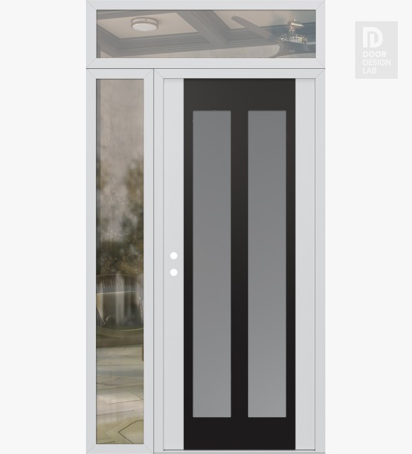 Modern Steel Front Door Diamond C14 52" x 96" white/white frosted Glass Panel black RHI with Sidelite and Transom clear Glass