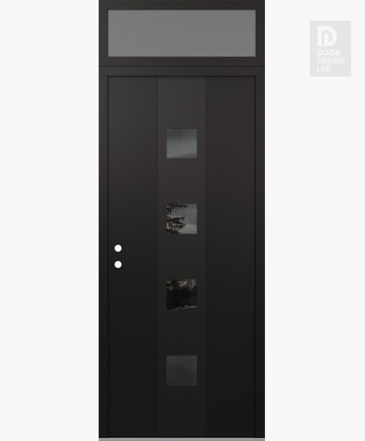 Modern Steel Front Door DIAMOND A12 36" X 96" BLACK/BLACK MIRRORED GLASS PANEL BLACK RHI WITH TRANSOM FROSTED GLASS