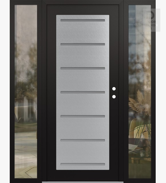 Modern Steel Front Door Diamond C11 60" x 80" black/white frosted Glass Panel stainless steel LHI with 2 Sidelites clear Glass