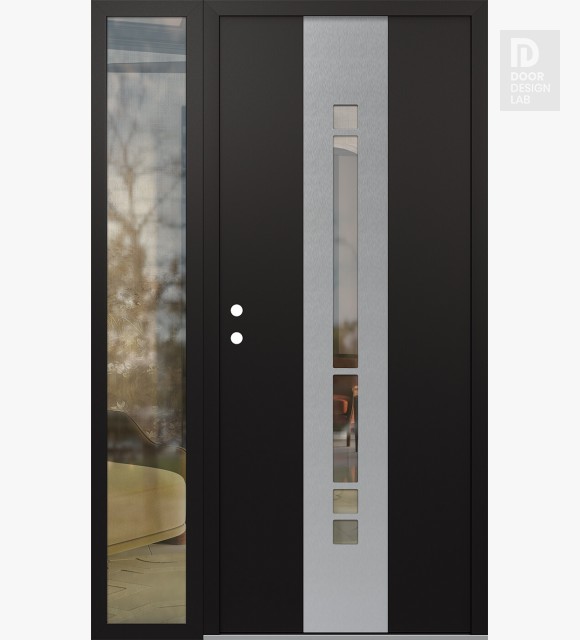 Modern Steel Front Door DIAMOND A3 52" X 80" BLACK/BLACK CLEAR GLASS PANEL STAINLESS STEEL RHI WITH SIDELITE CLEAR GLASS