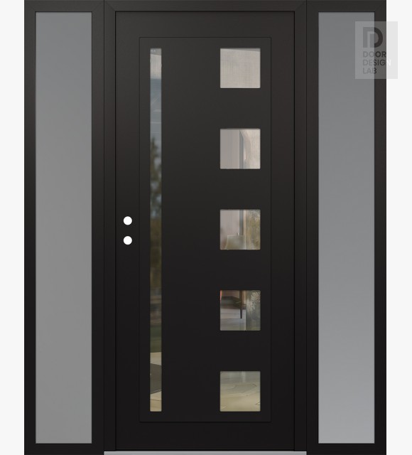 Modern Steel Front Door Diamond C3 68" x 80" black/black clear Glass Panel black RHI with 2 Sidelites frosted Glass