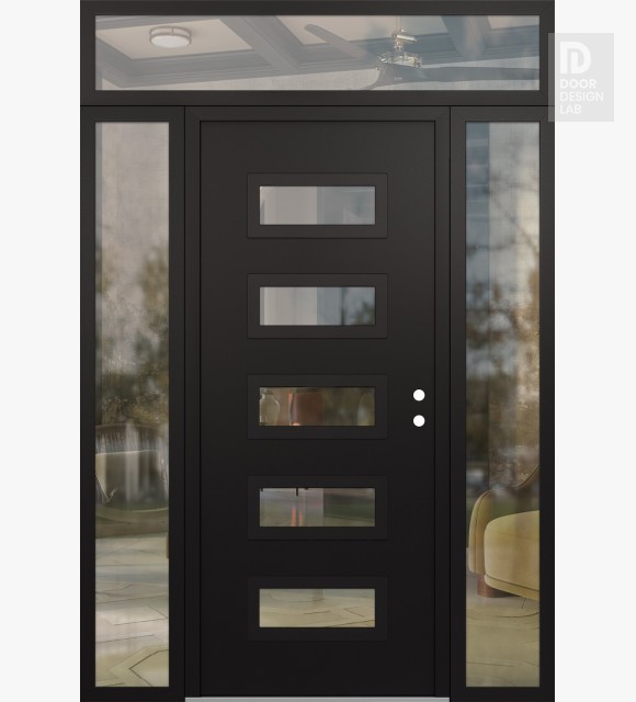 Modern Steel Front Door Diamond D1 64" x 96" black/black clear Glass Panel black LHI with 2 Sidelites and Transom clear Glass