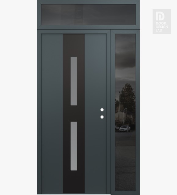 Modern Steel Front Door DIAMOND A6 52" X 96" ANTHRACITE/ANTHRACITE FROSTED GLASS PANEL BLACK LHI WITH SIDELITE AND TRANSOM MIRRORED GLASS