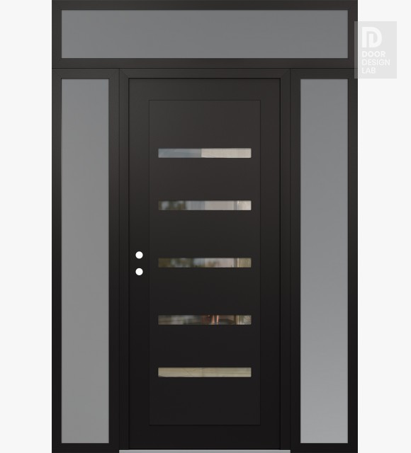 Modern Steel Front Door Diamond C7 64" x 96" black/black clear Glass Panel black RHI with 2 Sidelites and Transom frosted Glass