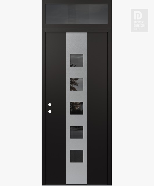 Modern Steel Front Door DIAMOND A13 36" X 96" BLACK/BLACK MIRRORED GLASS PANEL STAINLESS STEEL RHI WITH TRANSOM MIRRORED GLASS