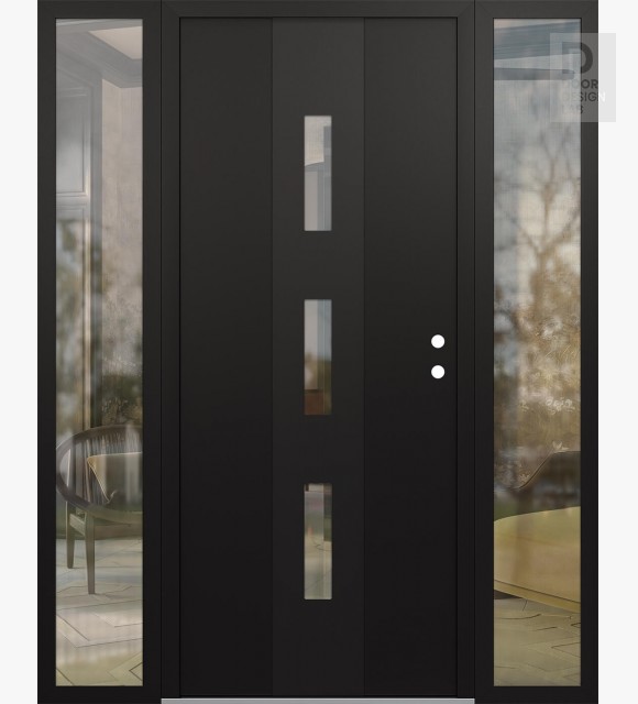 Modern Steel Front Door DIAMOND A7 60" X 80" BLACK/BLACK CLEAR GLASS PANEL BLACK LHI WITH 2 SIDELITES CLEAR GLASS