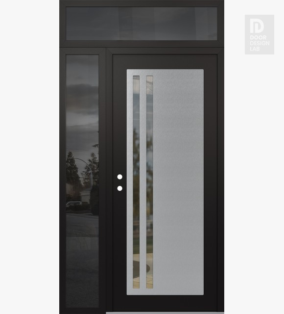 Modern Steel Front Door Diamond C6 50" x 96" black/black clear Glass Panel stainless steel RHI with Sidelite and Transom mirrored Glass