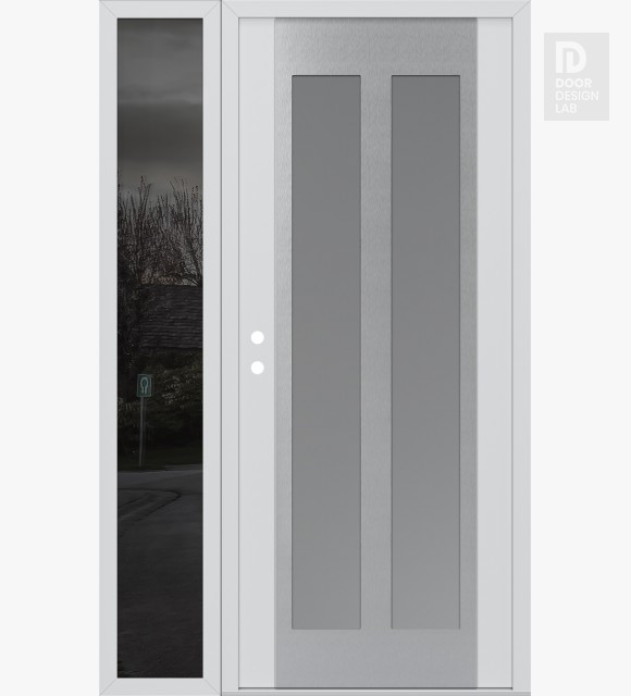 Modern Steel Front Door Diamond C14 48" x 80" white/white frosted Glass Panel stainless steel LHI with Sidelite mirrored Glass