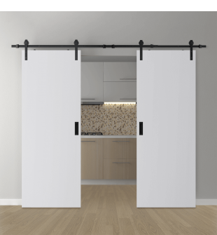 DOUBLE BARN DOOR PALLADIO BIANCO NOBLE 64" X 80" X 1 9/16" SOLID CORE BLACK HARDWARE