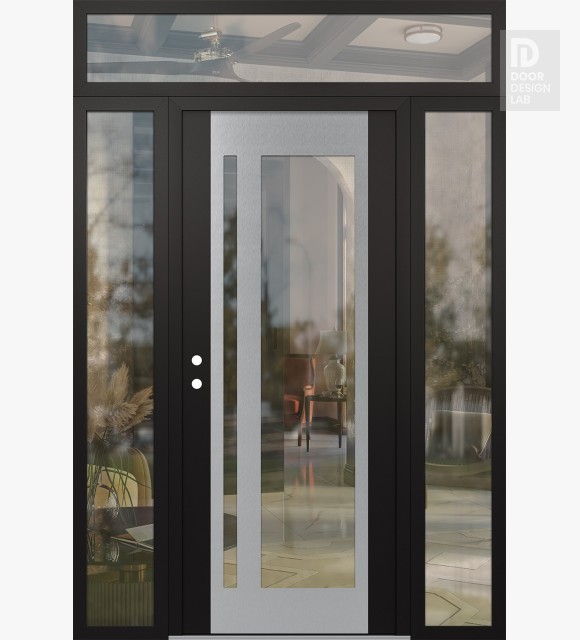 Modern Steel Front Door Diamond C15 68" x 96" black/black clear Glass Panel stainless steel RHI with 2 Sidelites and Transom clear Glass