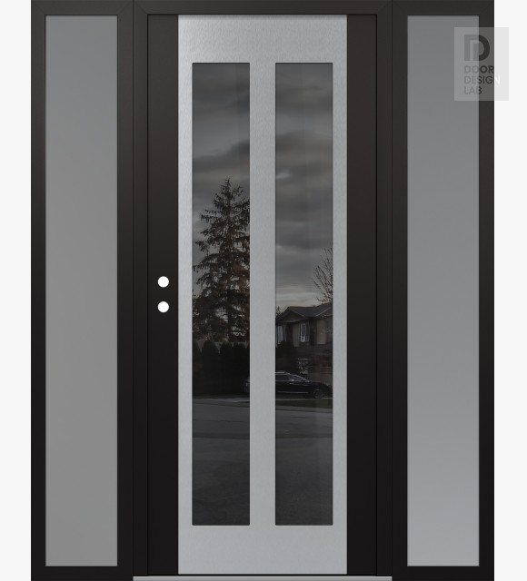 Modern Steel Front Door Diamond C14 60" x 80" black/black mirrored Glass Panel stainless steel RHI with 2 Sidelites frosted Glass
