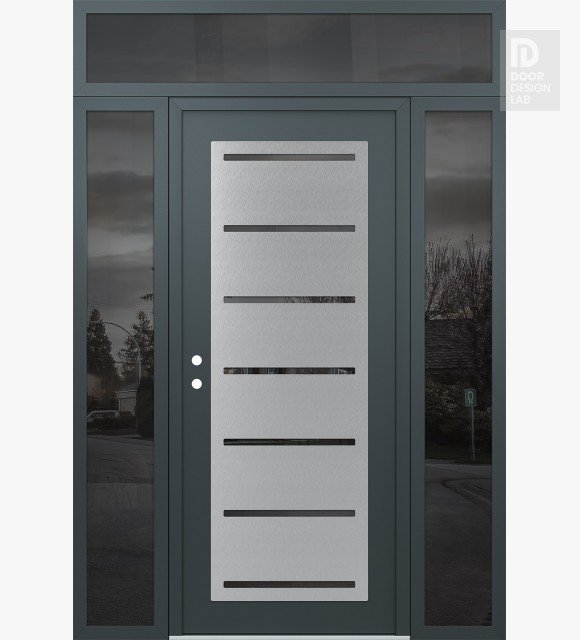 Modern Steel Front Door Diamond C11 64" x 96" anthracite/anthracite mirrored Glass Panel stainless steel RHI with 2 Sidelites and Transom mirrored Glass