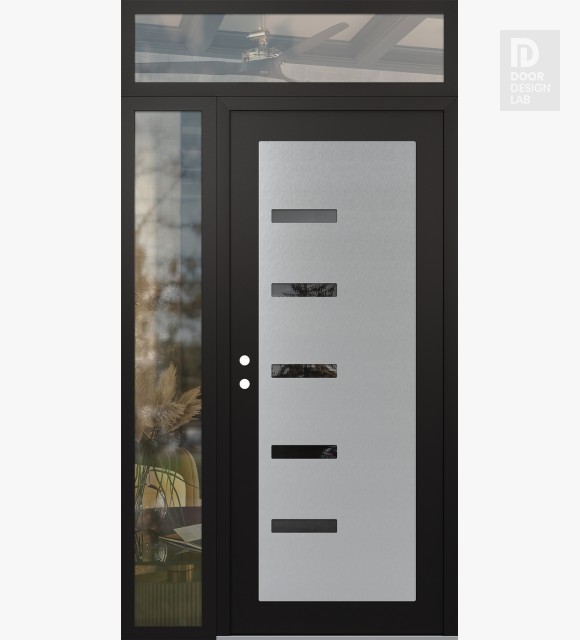 Modern Steel Front Door Diamond C8 50" x 96" black/black mirrored Glass Panel stainless steel RHI with Sidelite and Transom clear Glass