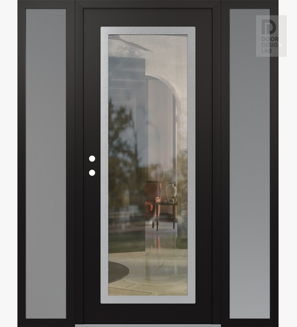 Modern Steel Front Door Diamond C1 64" x 80" black/black clear Glass Panel stainless steel RHI with 2 Sidelites frosted Glass
