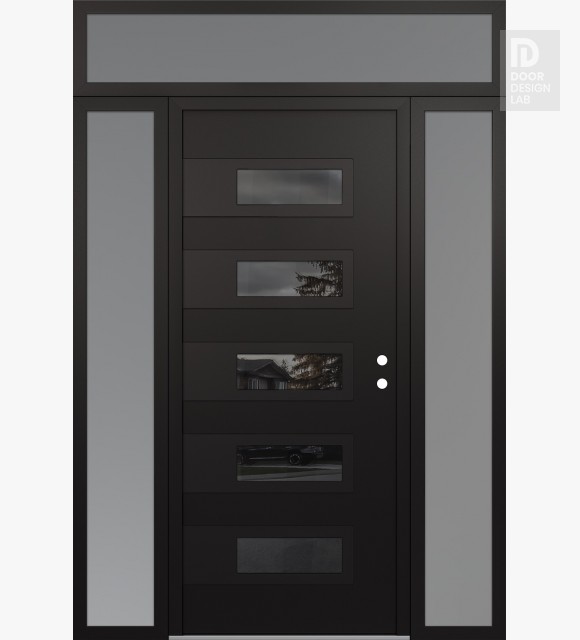 Modern Steel Front Door Diamond D3 60" x 96" black/black mirrored Glass Panel black LHI with 2 Sidelites and Transom frosted Glass