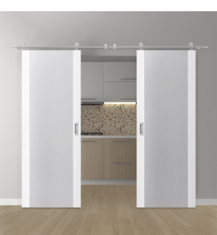 DOUBLE BARN DOOR PALLADIO 202 VETRO BIANCO NOBLE 48" X 96" X 1 9/16" TEMPERED FROSTED GLASS STAINLESS STEEL HARDWARE