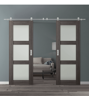 DOUBLE BARN DOOR PALLADIO 3 LITE VETRO GRAY OAK 48" X 80" X 1 9/16" TEMPERED FROSTED GLASS STAINLESS STEEL HARDWARE