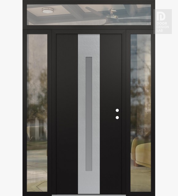 Modern Steel Front Door DIAMOND A2 64" X 96" BLACK/WHITE FROSTED GLASS PANEL STAINLESS STEEL LHI WITH 2 SIDELITES AND TRANSOM CLEAR GLASS