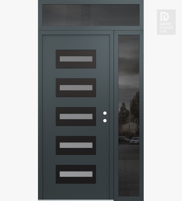 Modern Steel Front Door Diamond D4 52" x 96" anthracite/anthracite frosted Glass Panel black LHI with Sidelite and Transom mirrored Glass