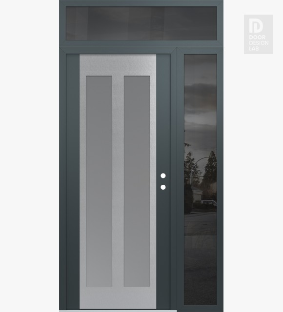 Modern Steel Front Door Diamond C14 50" x 96" anthracite/anthracite frosted Glass Panel stainless steel LHI with Sidelite and Transom mirrored Glass