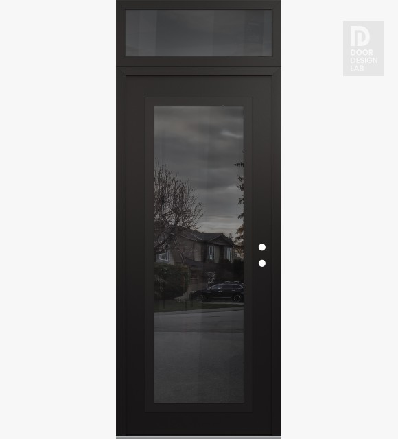 Modern Steel Front Door Diamond C1 36" x 96" black/black mirrored Glass Panel black LHI with Transom mirrored Glass