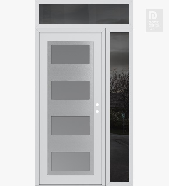 Modern Steel Front Door Diamond C2 48" x 96" white/white frosted Glass Panel stainless steel LHI with Sidelite and Transom mirrored Glass