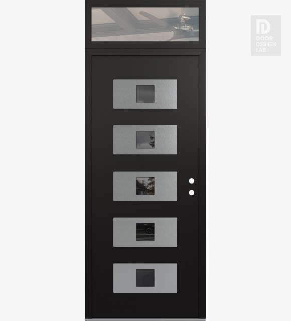 Modern Steel Front Door Diamond D8 36" x 96" black/black mirrored Glass Panel stainless steel LHI with Transom clear Glass