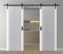 DOUBLE BARN DOOR PALLADIO 202 VETRO BIANCO NOBLE 60" X 84" X 1 9/16" TEMPERED FROSTED GLASS BLACK HARDWARE