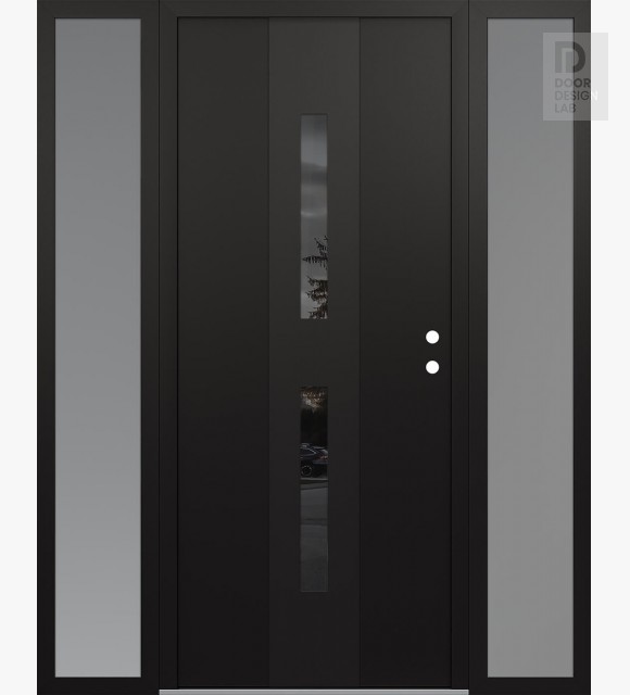 Modern Steel Front Door DIAMOND A6 68" X 80" BLACK/BLACK MIRRORED GLASS PANEL BLACK LHI WITH 2 SIDELITES FROSTED GLASS