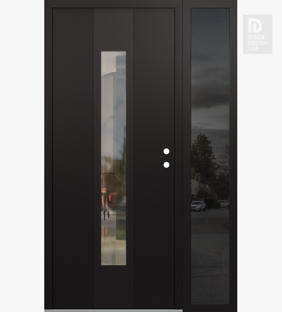 Modern Steel Front Door DIAMOND A1 48" X 80" BLACK/BLACK CLEAR GLASS PANEL BLACK LHI WITH SIDELITE MIRRORED GLASS