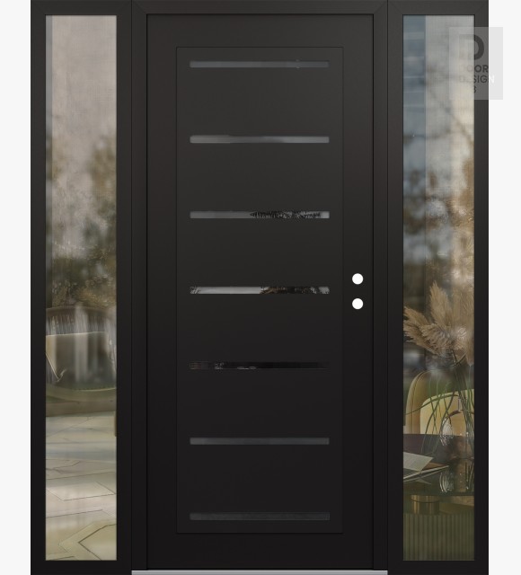 Modern Steel Front Door Diamond C11 60" x 80" black/black mirrored Glass Panel black LHI with 2 Sidelites clear Glass