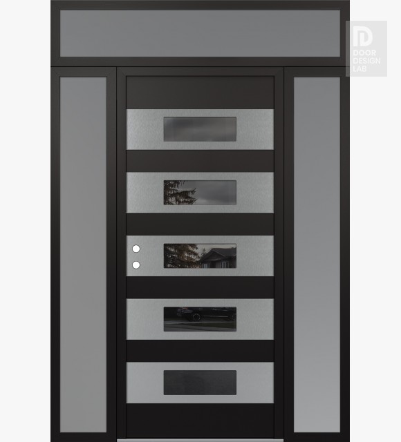Modern Steel Front Door Diamond D5 60" x 96" black/black mirrored Glass Panel stainless steel RHI with 2 Sidelites and Transom frosted Glass