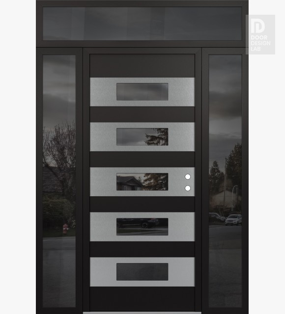 Modern Steel Front Door Diamond D5 60" x 96" black/black mirrored Glass Panel stainless steel LHI with 2 Sidelites and Transom mirrored Glass