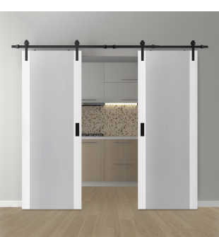 DOUBLE BARN DOOR PALLADIO 202 VETRO BIANCO NOBLE 36" X 96" X 1 9/16" TEMPERED FROSTED GLASS BLACK HARDWARE