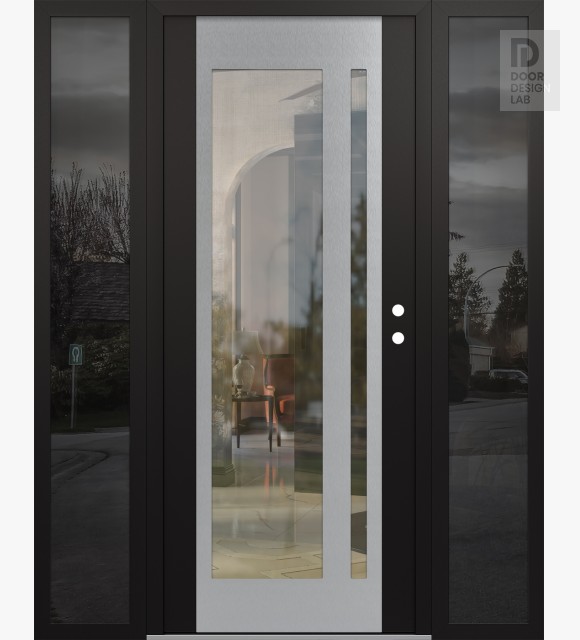 Modern Steel Front Door Diamond C15 64" x 80" black/black clear Glass Panel stainless steel LHI with 2 Sidelites mirrored Glass