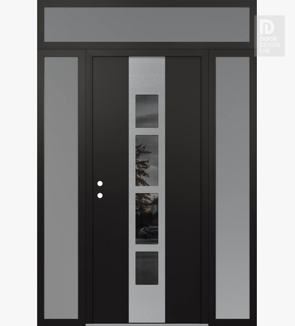 Modern Steel Front Door DIAMOND A10 64" X 96" BLACK/BLACK MIRRORED GLASS PANEL STAINLESS STEEL RHI WITH 2 SIDELITES AND TRANSOM FROSTED GLASS