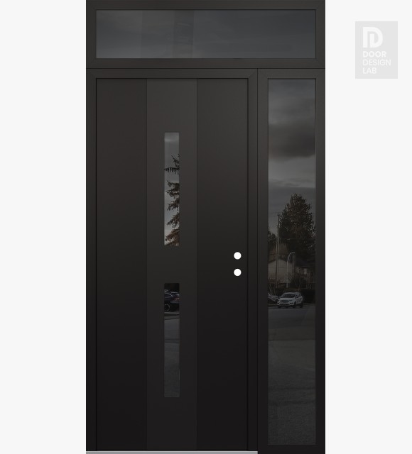Modern Steel Front Door DIAMOND A6 48" X 96" BLACK/BLACK MIRRORED GLASS PANEL BLACK LHI WITH SIDELITE AND TRANSOM MIRRORED GLASS