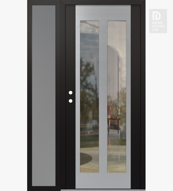Modern Steel Front Door Diamond C14 52" x 80" black/black clear Glass Panel stainless steel RHI with Sidelite frosted Glass