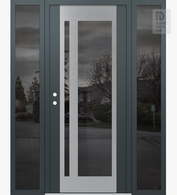 Modern Steel Front Door Diamond C15 64" x 80" anthracite/anthracite mirrored Glass Panel stainless steel RHI with 2 Sidelites mirrored Glass